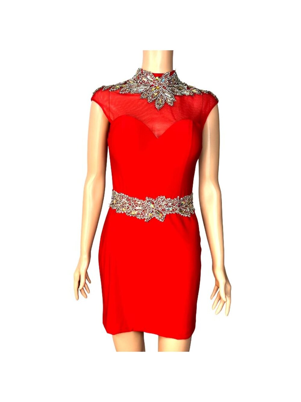 Splash Red Crystal Embellished Open Back Short Dress Sheer Top & Cap Sleeves Sz